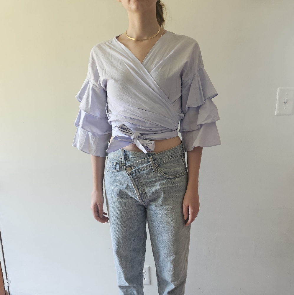 Zara Lavender Ruffle Sleeve Wrap Blouse